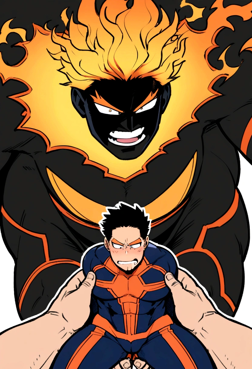 Endeavor, my hero academia, from front, super fine, bodysuits, middle-aged man, hunk, looking down and mouth wide open with shocked face, crotch grab, crotch squeeze,