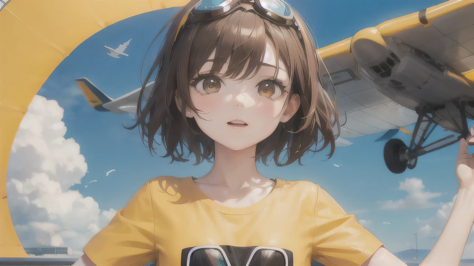 Brown Hair、One Girl,20-year-old,Beautiful Face,Upper Body、Sharp focus,Yellow T-shirt、short hair、Flying Goggles、Brown eyes、plane