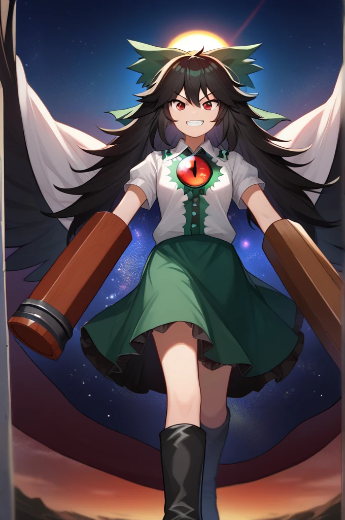 score_9, score_8_up, solo, blue sky, particles, sun, floating, midair, arm cannon, control rod
BREAK
1girl, reiuji utsuho, black hair, long hair, hair bow, red eyes, third eye, (black wings, starry sky print cape), white shirt, boots, green skirt, determined smile, looking at viewer
 