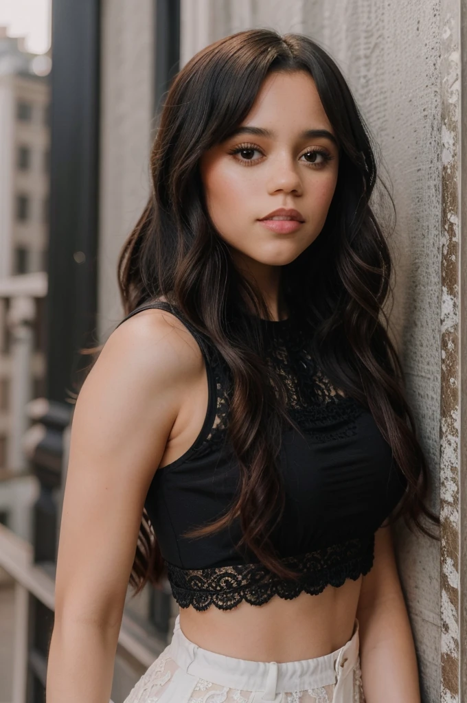 jenna_ortega wearing lacy crop top, long hair, 
upper body, solid wall background, 
 