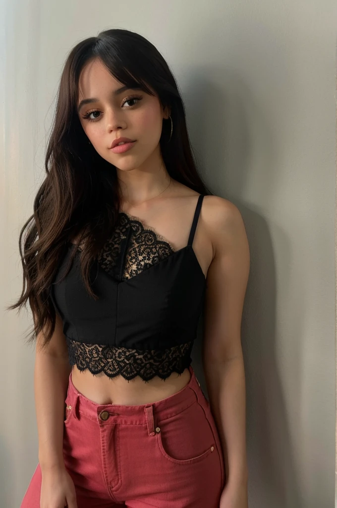 jenna_ortega wearing lacy crop top, long hair,
upper body, solid wall background,