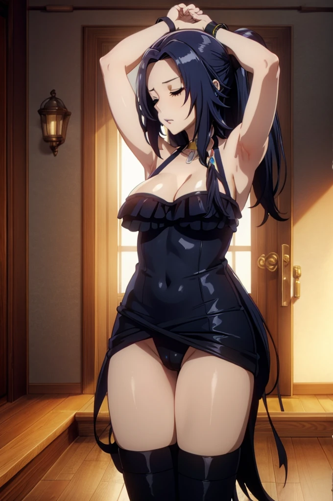 blue hair(absurdres, highres, ultra detailed, masterpiece, best quality), (detailed background), (beautiful detailed face), high contrast, (best illumination, an extremely delicate and beautiful), ((cinematic light)), dramatic light, hyper detail, intricate details, BREAK (1girl, woman, solo, closed eyes, embarrassed, sexy, gorgeous, elegant, (nsfw:1.2, nude), medium breasts, (bdsm, bondage:1.2), arms up), BREAK (long ponytail hair,, long hair, straight hair, , dark lips, makeup, puffy lips, parted lips), BREAK standing, tied with leather straps, tied to pole, pants pull, shirt lift, latex, torn clothes, choker, BREAK looking away, cowboy shot, BREAK indoors, concrete wall, dark room, cage, wooden floor, dark room,
