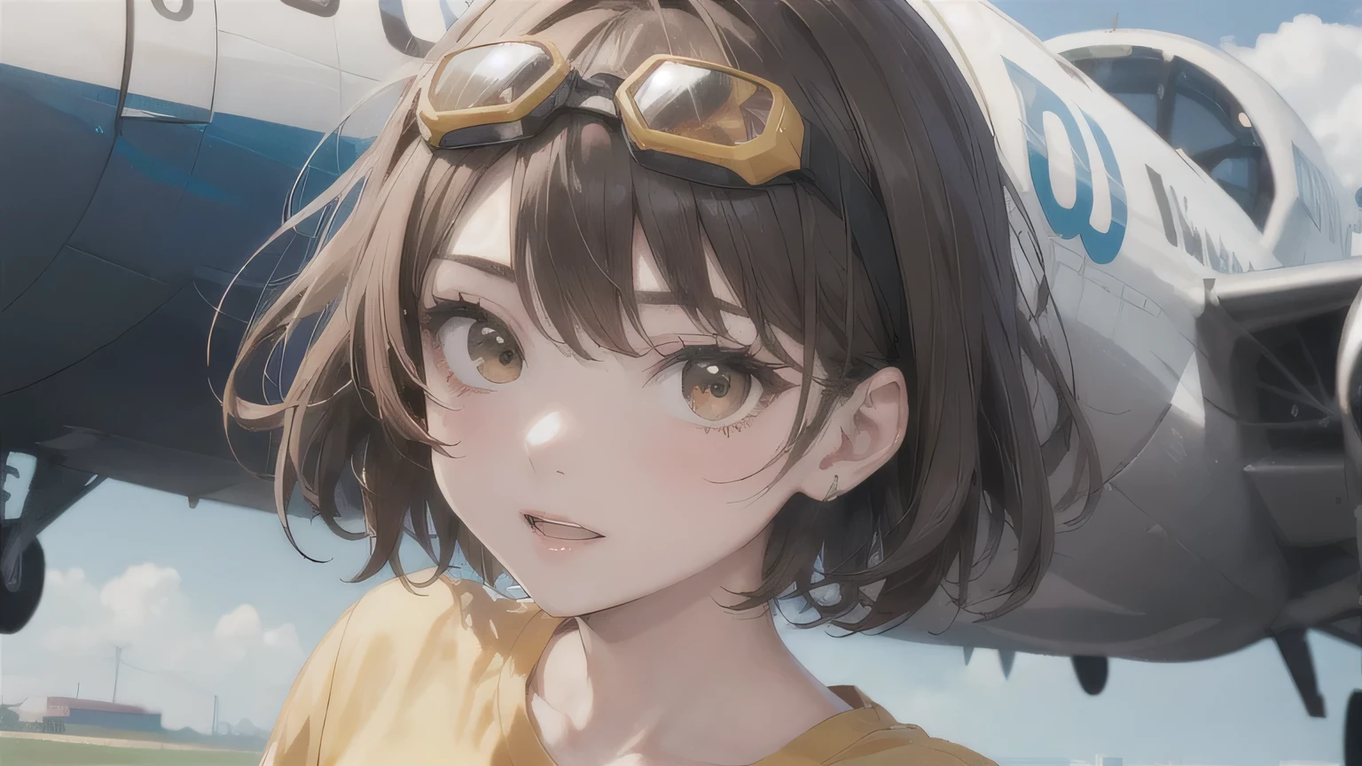 Brown Hair、One Girl,20-year-old,Beautiful Face,Upper Body、Sharp focus,Yellow T-shirt、short hair、Flying Goggles、Brown eyes、plane