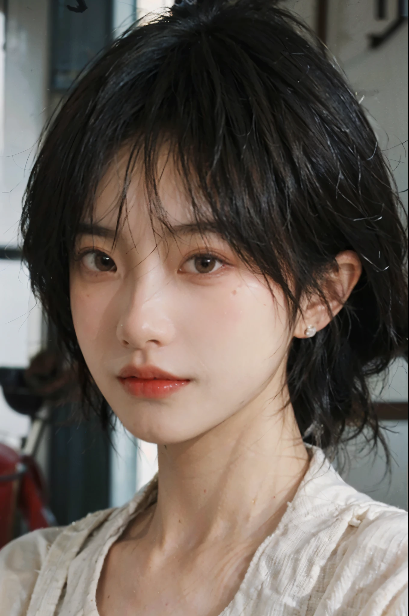 1 girl,short hair,A faint smile,serene, calm,Sportswear,thinking,Moles under the eyes,Exquisite eyes, Delicate face,Lipstick,earrings,Hair details, (Large Breasts:1.0),outdoor,background,城市background,(Skin details:1.4),(Realistic and detailed eyes:1.2), Natural skin texture, Realistic facial details,Close-up of face,Portrait Photography,(Portrait Photography:1.1), (smooth skin textures:1.3), (Highest quality real skin textures:1.4), Direct vision,Soft dramatic lighting, Vivid details, 35 mm film, (Photo Practical:1.4), (hyper Practical:1.4), (Practical:1.3), (Smoother lighting:1.05), (Improve lighting quality:0.9), (Enhance the beauty of skin texture:1.1), Depth of Field, Bokeh, Surrealism, Ray Tracing, ( Surrealism, High Detail, Chiaroscuro, Ray Tracing, reflected light, Ultra HD, Ultra HD, masterpiece, Textured Skin, Super Detail, High Detail, high quality, best quality