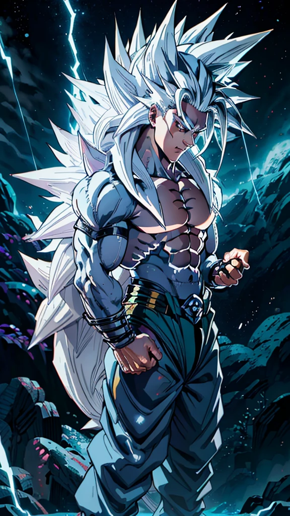 Humanoid kaiju with long spiky hair Muscular Man Male Straight white energy 