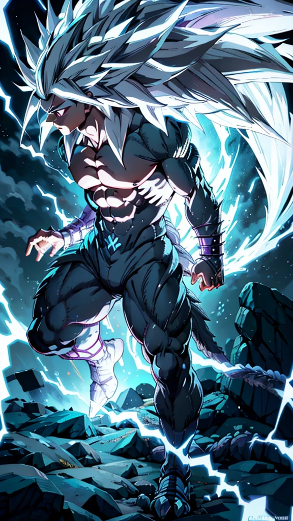 Humanoid kaiju with long spiky hair Muscular Man Male Straight white energy 