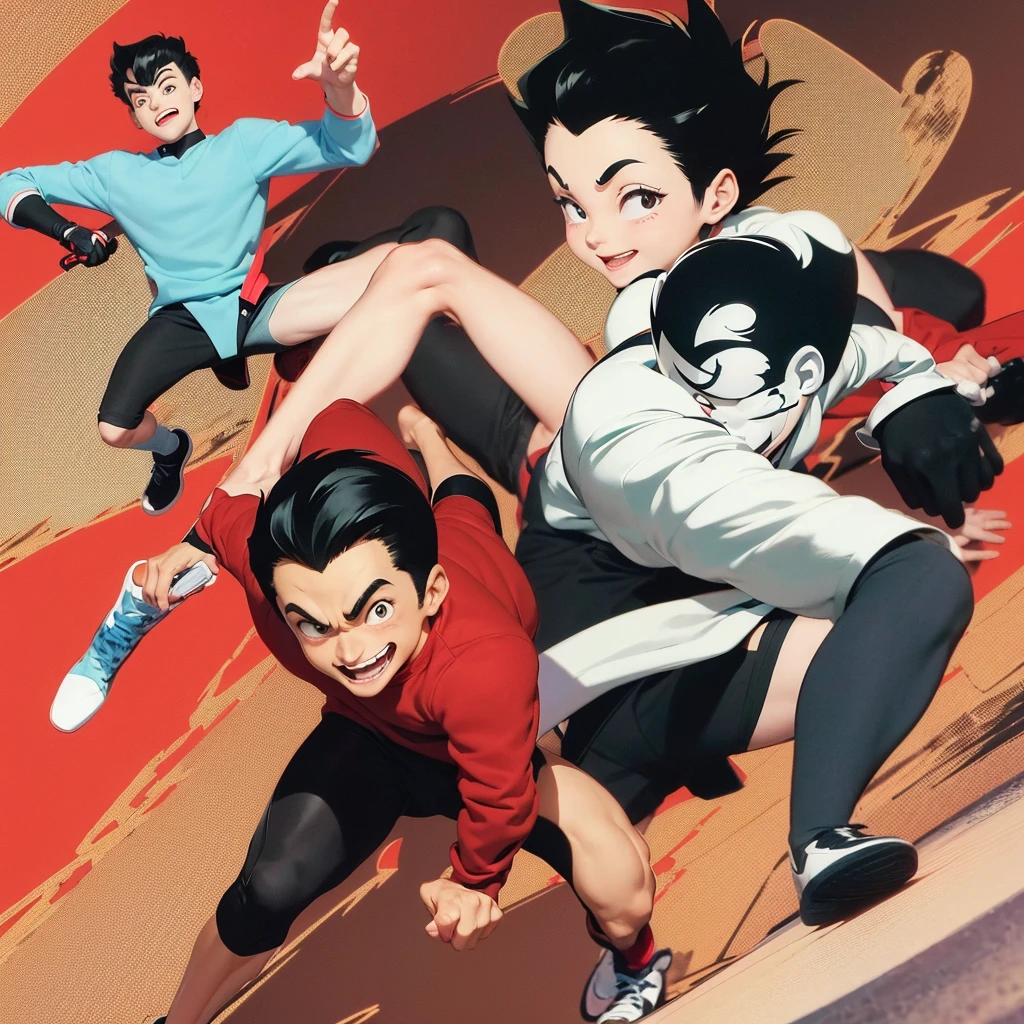 Cartoon. Full length photo. Archaic smile of Astro Boy with short black hair wearing red sneakers, comic page with panels, color ink, action scenes, dynamic angles.