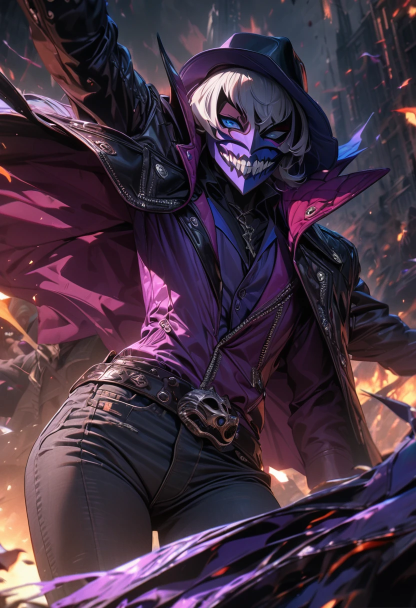 Adult man, leather coat, jeans, hat, purple supervillian mask, blue eyes, mask on all face, Masterpiece, best quality, Full HD, 8k, ultra details, great graphic