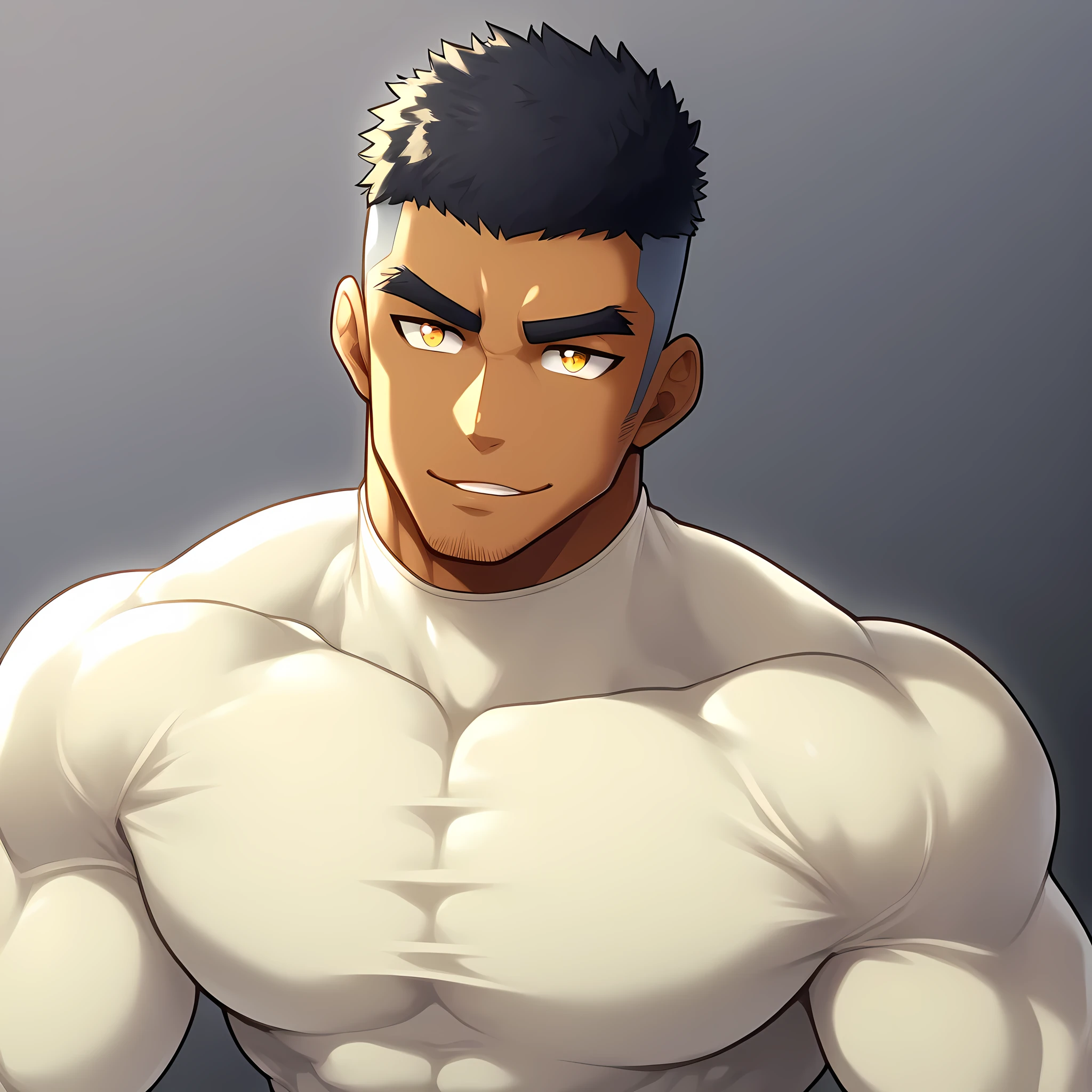 anime characters：Gyee, Muscle Sports Student, negro black skin, 1 dark skin muscular tough guy, Manliness, male focus, Light yellow high collar long sleeve tight T-shirt, Slightly transparent material, Very tight, Round, full and perky chest muscles, Slightly transparent, muscular male, muscular, only, Upper body, alone, Black short hair, Thick eyebrows, stubble, Yellow eyes, Grey background, simple background, amazing quality, best aesthetics, Ridiculous, bright pupils, crew cut, parted lips, seductive smile, torogao, naughty face, drop shadow, best quality