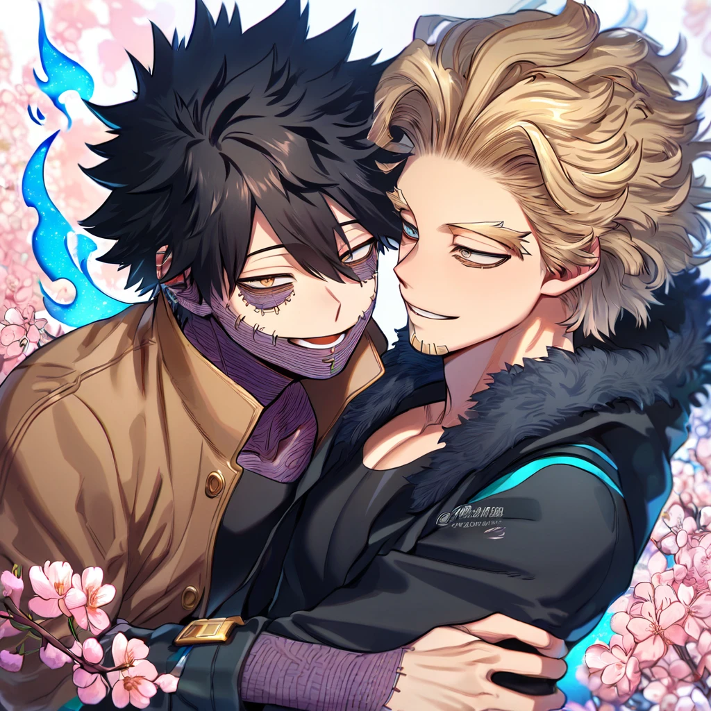 absurdres, highres, ultra detailed, HDR, master piece, best quality, extremely detailed face, delicated features, Hawks, ash blond hair, expressive brown eyes, Boku No Hero Academia, Dabi, black hair, expressive turquoise eyes, two sexy men hugging, yaoi, gay couple, handsome, smiling, brown jacket with fur, black tight shirt, black coat, fantasy, radiant, starry, blue fire, blossoms, pink flowers