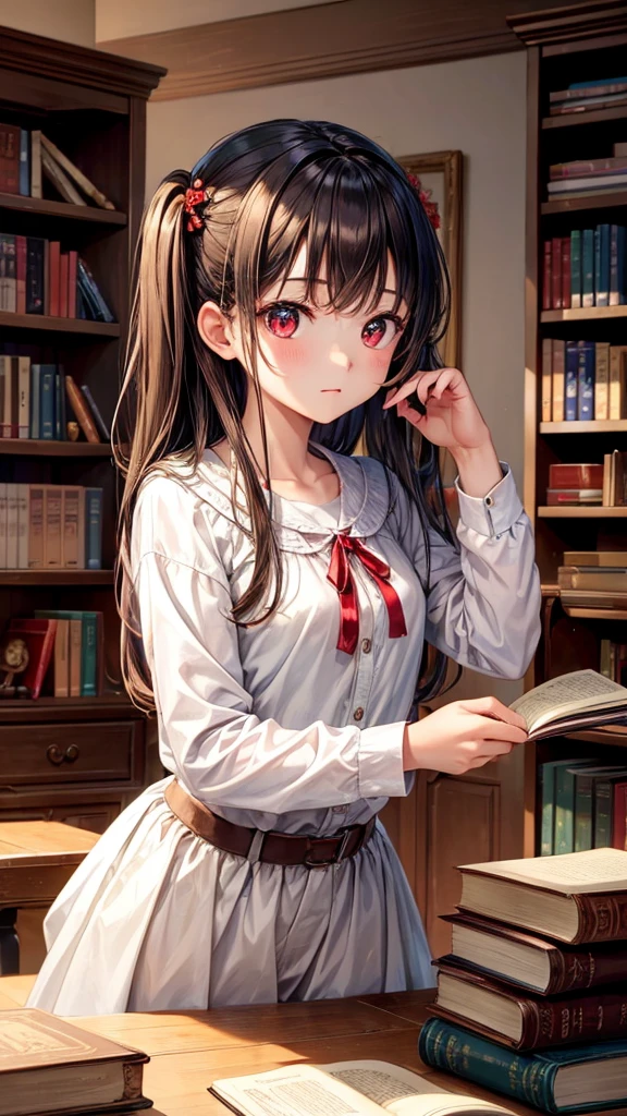 ((masterpiece,Best quality))1 girl, One, bookshelf, A stack of books, Suzuno, in room, hair ornament, Young, Red eyes,