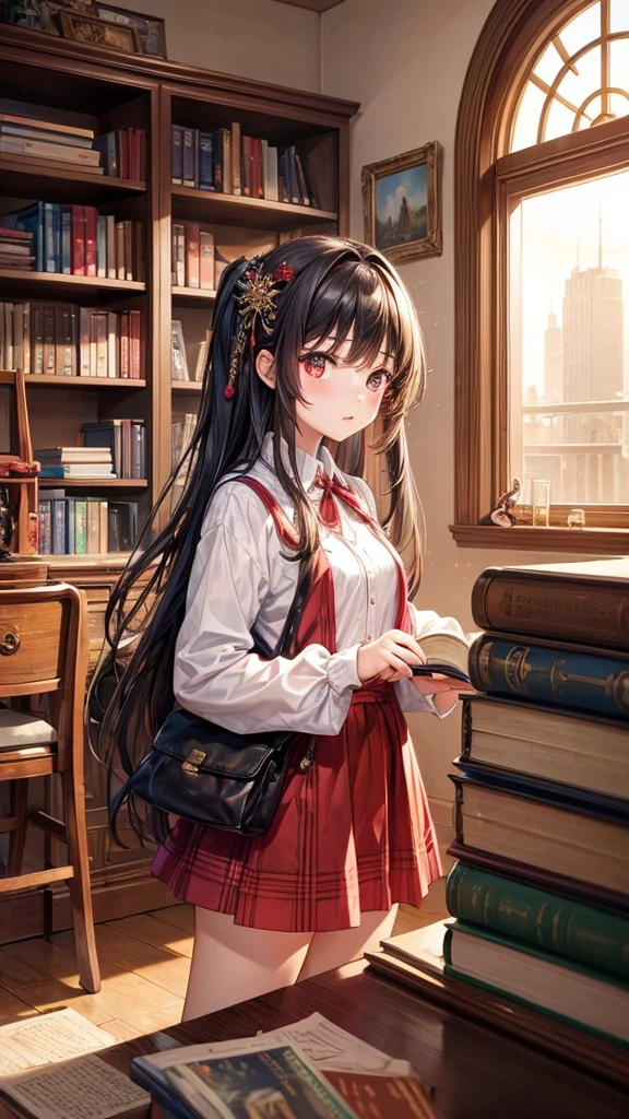 ((masterpiece,Best quality))1 girl, One, bookshelf, A stack of books, Suzuno, in room, hair ornament, Young, Red eyes,