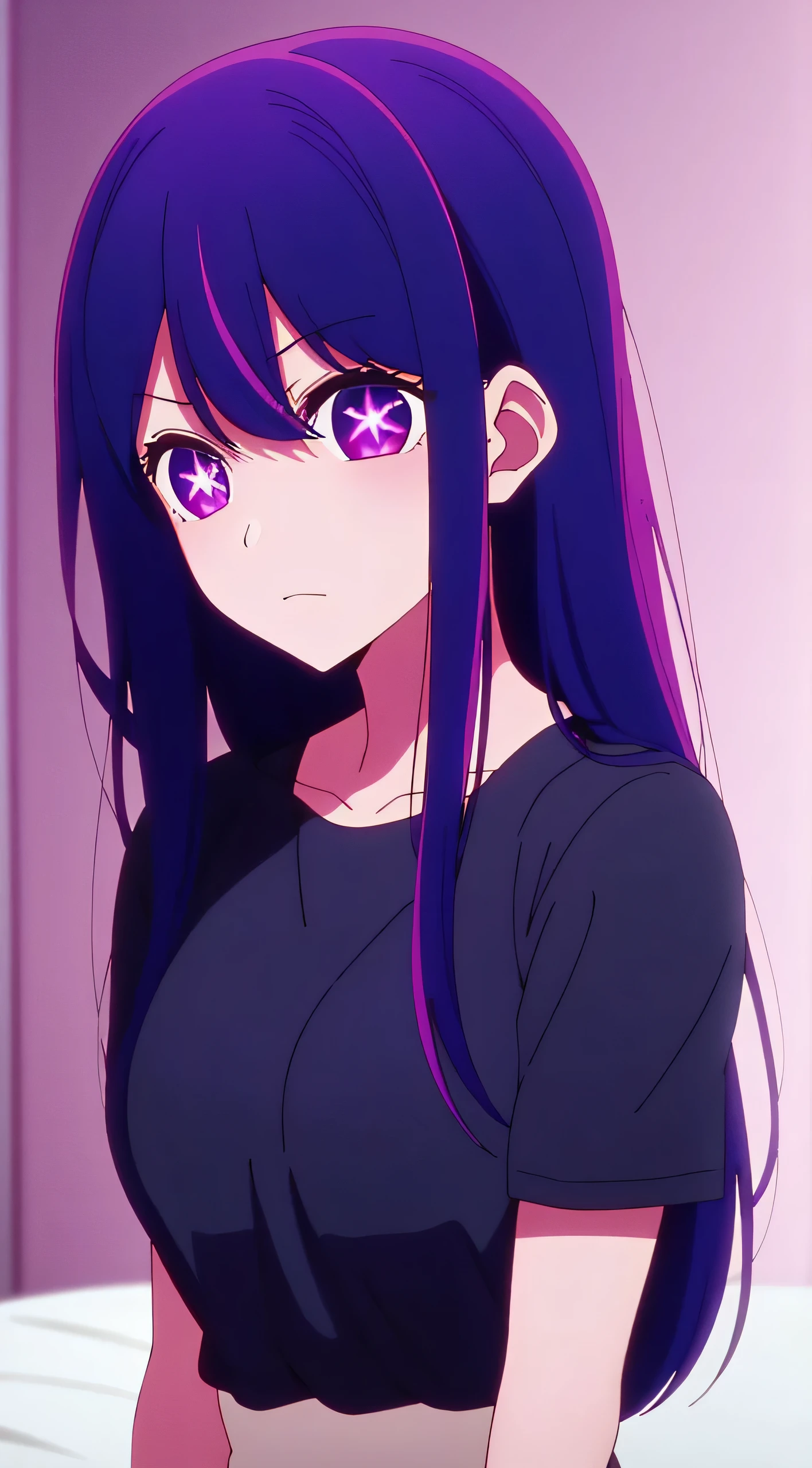 in bed, purple color hair and purple eyes, black shirt and no bra, anime visual of a cute girl, screenshot from the anime film, & her expression is solemn, in the anime film, in an anime, anime visual of a young woman, she has a cute expressive face, still from anime, big breast, red cheek, lustful face, fair skin