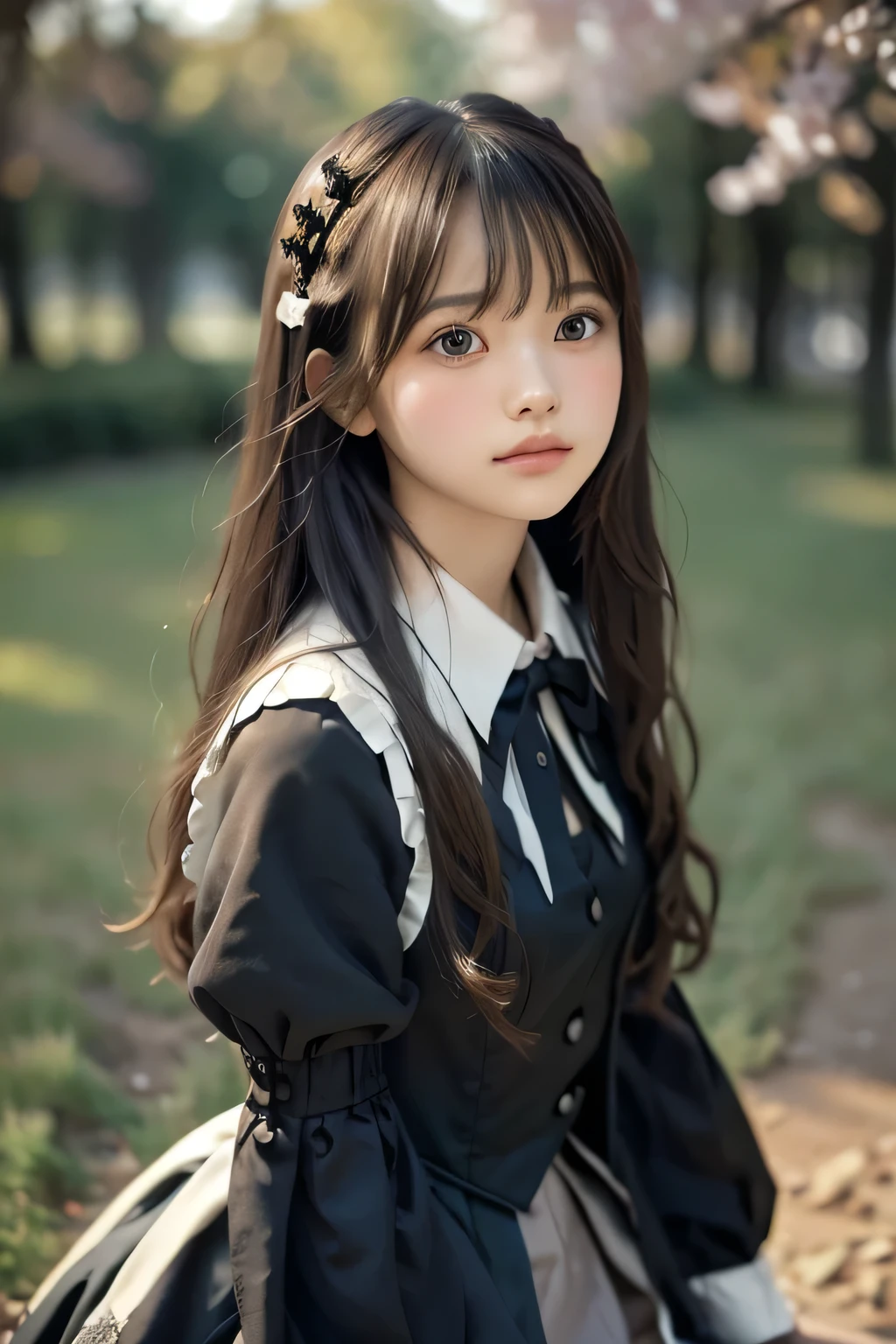 Tabletop, Highest quality, 8K, 1 Girl, 20th Generation, whole body, alone, beautiful, Girlish, Delicate Gothic ta outfit, RAW Photos, Professional photography, Portraiture, Soft Light, Professional Lighting, Backlight, I look forward to seeing you, Sophisticated, Film Grain, (Eye and facial details:1.0), Medium length floating hair, Beautiful, flowing hair, bangs,