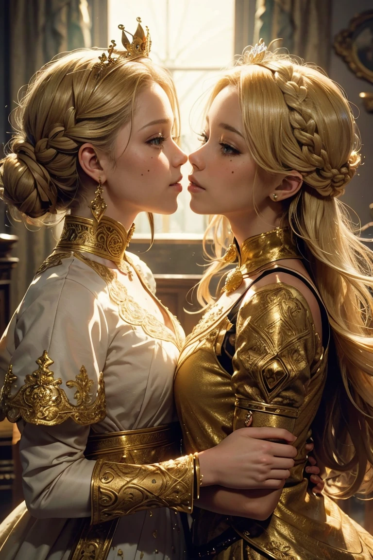 Gorgeous court costumes, blonde hair, french braid, crown, mole under eye, light smile, Renaissance, ray tracing, Sony FE GM, masterpiece, UHD, anatomically correct, textured skin, two girls are deeply in love with each other, kiss