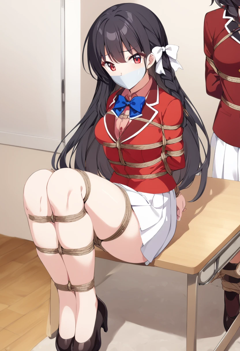 suzunehorikita, suzune horikita, long hair, black hair, (red eyes:1.3), hair ribbon, braid,
BREAK bow, , jacket, bowtie, blue bowtie, blazer, (red blazer:1.5), skirt, white skirt,
BREAK indoors, classroom,
BREAK looking at viewer, (cowboy shot:1.5),
BREAK (masterpiece:1.2), best quality, high resolution, unity 8k wallpaper, (illustration:0.8), (beautiful detailed eyes:1.6), extremely detailed face, perfect lighting,shoes, extremely detailed CG, (perfect hands, perfect anatomy),bound with an excessive amount of ropes), (bound wirsts), (arms behind back), (tapegag, tape gag), dramatic, (looking at viewer), (detailed pupils:1.3)
masterpiece, (best quality), perfect eyes, bound, bondage, (arms behind back:1.4), bdsm, tape gag, rope, rope bondage, close-up, restrained,curled up, best anatomy, full body,
