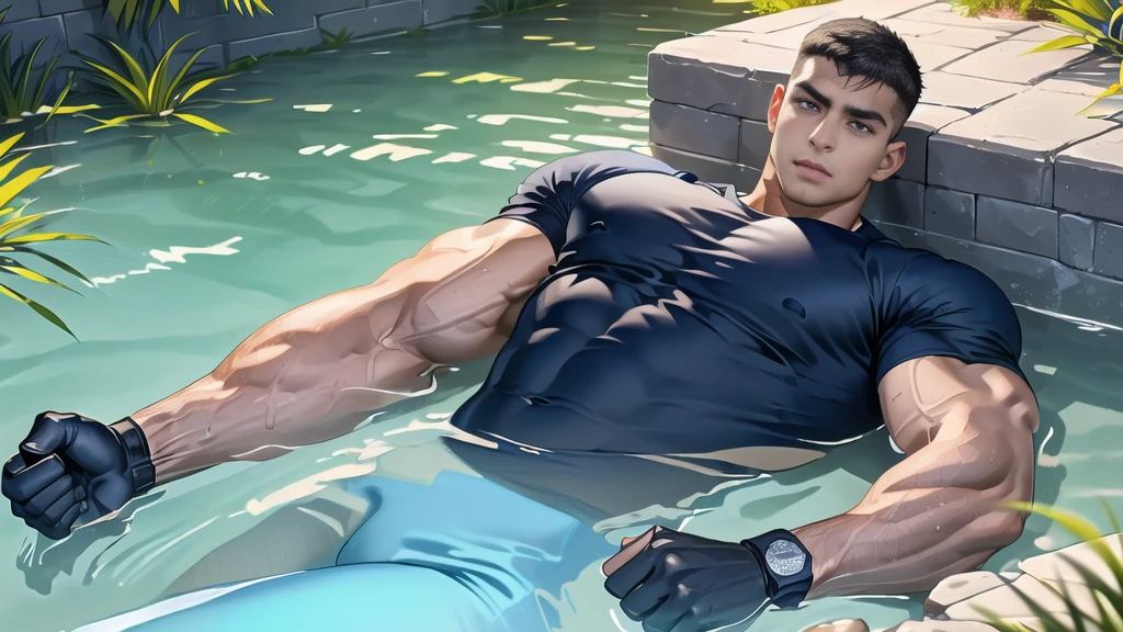 1 man,(lying on the water wall:1.6),(crew cut short hair:1.3),black eye,(Wear a fitted round neck t-shirt in navy with a police badge.:1.3),(fit neck),Navy blue jeans,(black_gloves), Korean guy,chest muscles,large arm muscles,blood vessel,Big muscles,Broad shoulders, open mouth,(terror terror:1.5), middle of the road,(In the desert:1.2),(full_shot:1.6),(In the cave:1.2),(shouting:1.4),