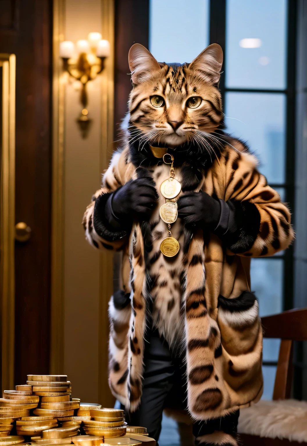  domestic leopard cat, cat prince, dressed in a fur coat, rich, money bills and gold coins are flying around him, кот dressed in a fur coat, Great quality, Beautiful muzzle, pretentious look, full length, stands on two legs, expensive, richly, pretentious, dynamically, holding gold bars in his paws, gold bars on the background, decrees, money