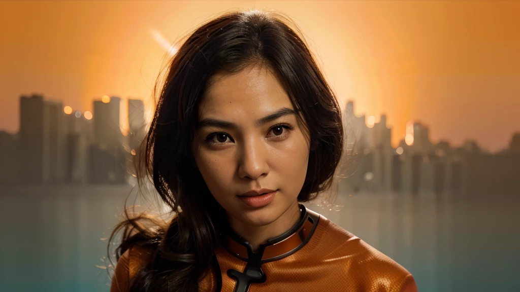 Make a thumbnail for YouTube for Christian church. Asian woman, similar to actress Gal Gadot, She is on the right side of the image and looking at the camera and is happy. Leave the left side of the image empty. ((Orange gradient background)) ((Detail, high quality, High definition)), ((Steven Spielberg))