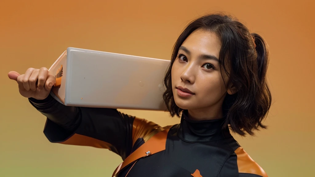 Make a thumbnail for YouTube for Christian church. Asian woman, similar to actress Gal Gadot, She is on the right side of the image and looking at the camera and is happy. Leave the left side of the image empty. ((Orange gradient background)) ((Detail, high quality, High definition)), ((Steven Spielberg))