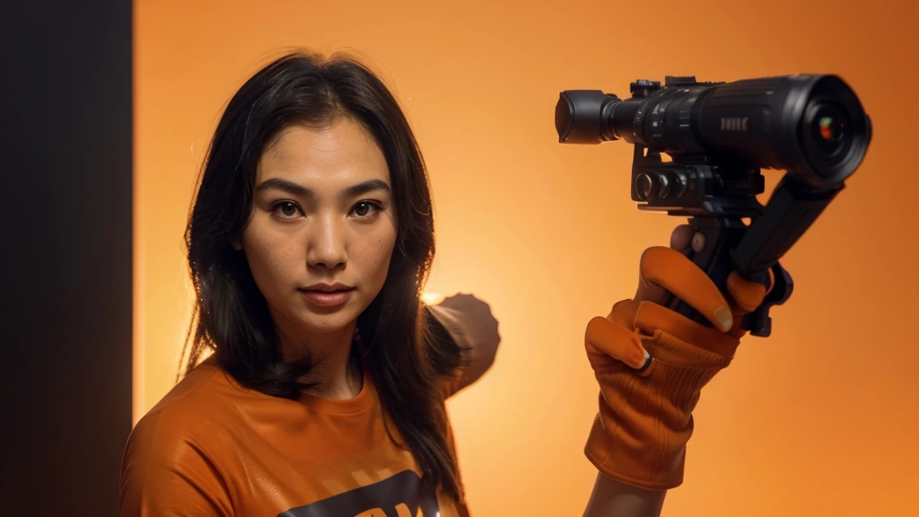 Make a thumbnail for YouTube for Christian church. Asian woman, similar to actress Gal Gadot, She is on the right side of the image and looking at the camera and is happy. Leave the left side of the image empty. ((Orange gradient background)) ((Detail, high quality, High definition)), ((Steven Spielberg))