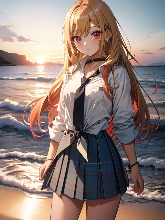 sunrise time, (chibi), full body, (masterpiece), highest quality, Kitagawa Marine, 1girl, blonde hair, long hair, multicolored hair, red eyes, jewelry, earrings, piercing, , white shirt, tied shirt, black choker, blue necktie, plaid skirt
