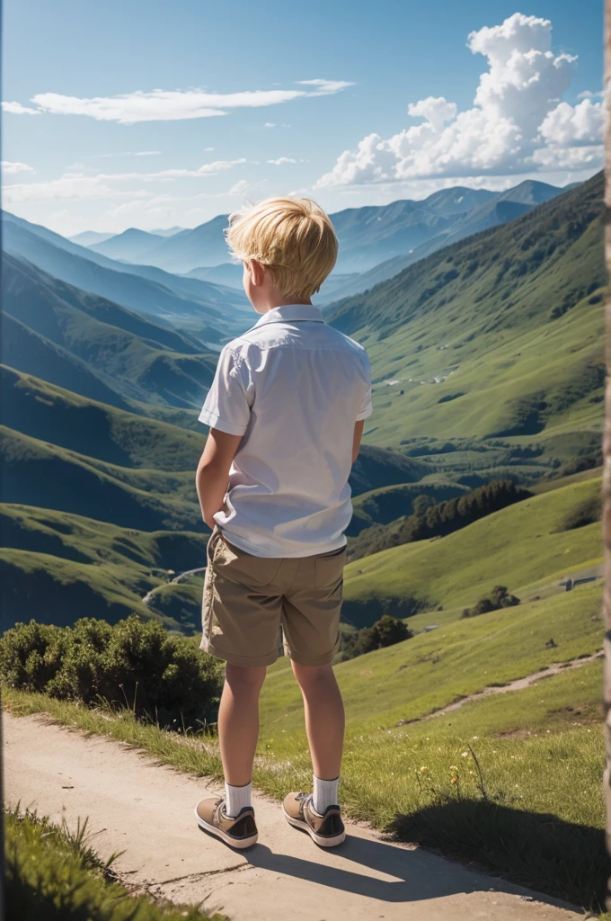 A blond boy looking at a landscape from behind