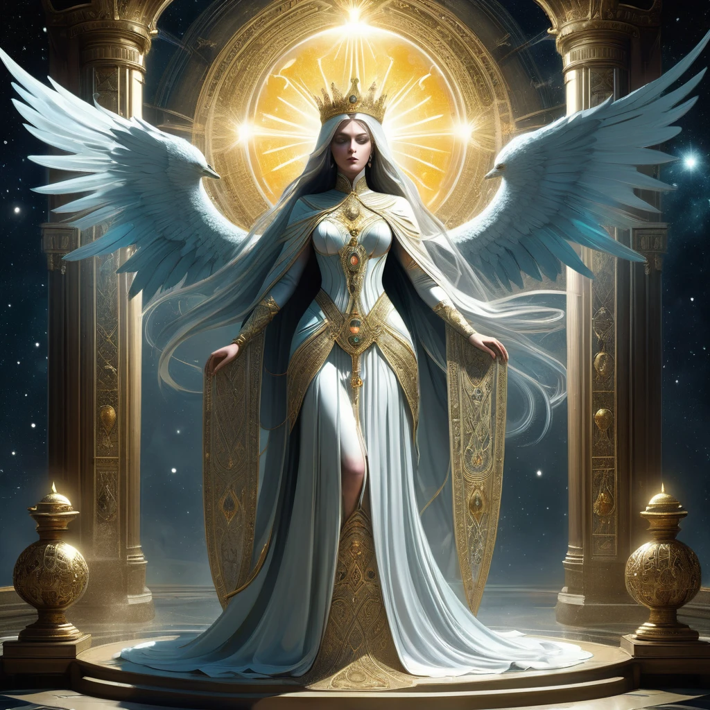 Amidst the opulent halls of a throne room veiled in shadows, there sits a heavenly queen, a figure of ethereal beauty and indomitable grace. Her presence commands reverence, her regal bearing eclipsed only by the celestial radiance that surrounds her. Describe the queen's appearance: adorned in flowing robes woven from starlight and adorned with symbols of divine authority, her eyes shimmer with wisdom that spans the ages. Detail the throne room: a juxtaposition of celestial splendor and ominous undertones, where whispers of ancient prophecies echo against walls adorned with tapestries depicting battles between light and shadow. Explore the queen's role: as a beacon of hope and protector of realms, her judgments shaped by millennia of celestial wisdom yet tempered by the burden of divine responsibility. Unveil the challenges she faces: from insidious court intrigues to external threats that seek to eclipse her radiance, and the sacrifices she must contemplate in the pursuit of maintaining cosmic balance amidst the encroaching darkness.