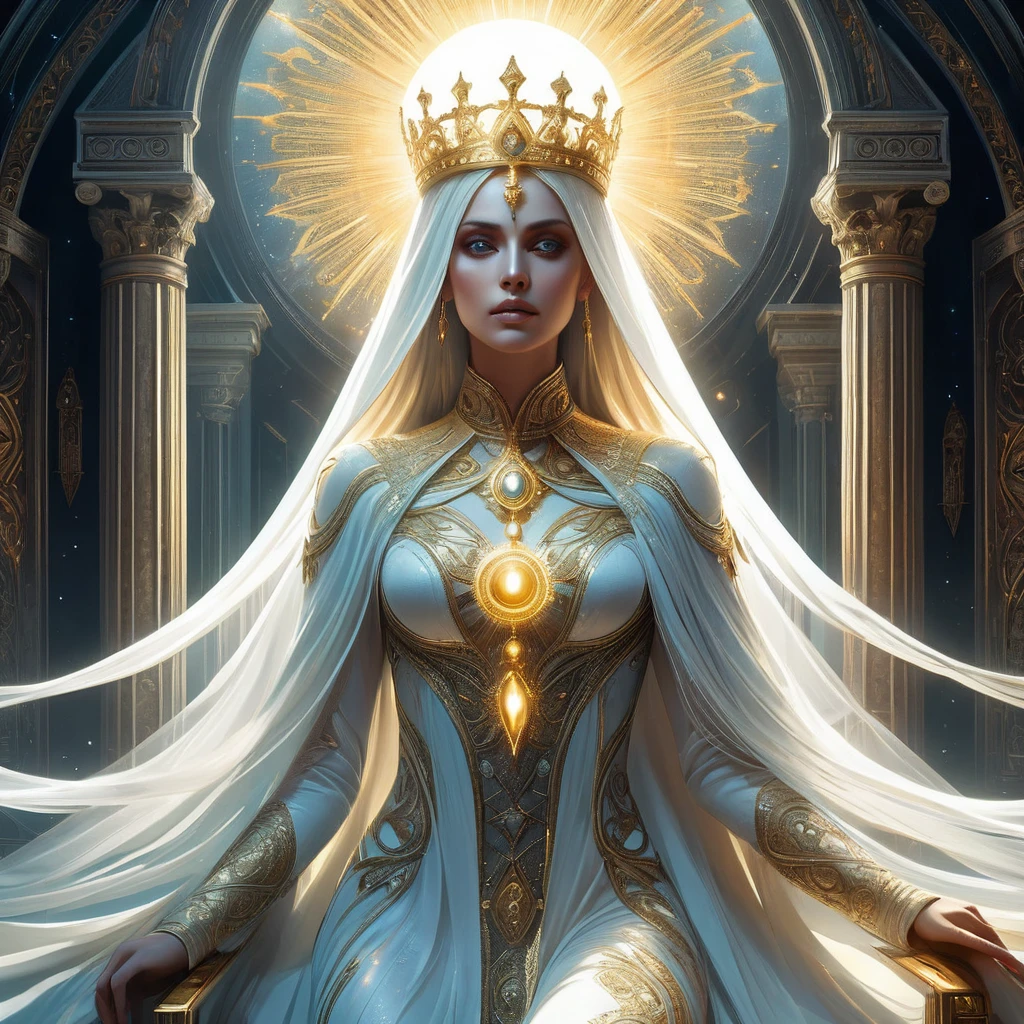 Amidst the opulent halls of a throne room veiled in shadows, there sits a heavenly queen, a figure of ethereal beauty and indomitable grace. Her presence commands reverence, her regal bearing eclipsed only by the celestial radiance that surrounds her. Describe the queen's appearance: adorned in flowing robes woven from starlight and adorned with symbols of divine authority, her eyes shimmer with wisdom that spans the ages. Detail the throne room: a juxtaposition of celestial splendor and ominous undertones, where whispers of ancient prophecies echo against walls adorned with tapestries depicting battles between light and shadow. Explore the queen's role: as a beacon of hope and protector of realms, her judgments shaped by millennia of celestial wisdom yet tempered by the burden of divine responsibility. Unveil the challenges she faces: from insidious court intrigues to external threats that seek to eclipse her radiance, and the sacrifices she must contemplate in the pursuit of maintaining cosmic balance amidst the encroaching darkness.