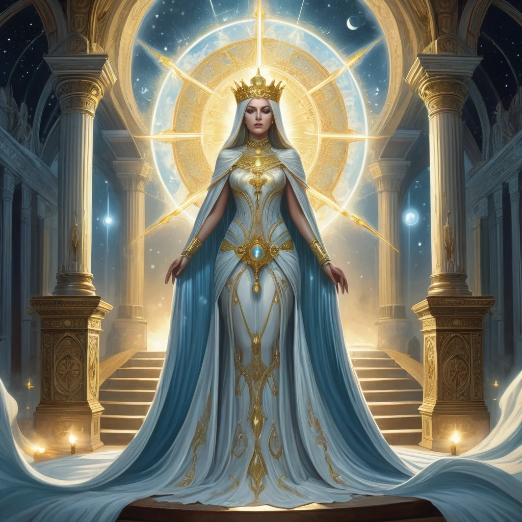 Amidst the opulent halls of a throne room veiled in shadows, there sits a heavenly queen, a figure of ethereal beauty and indomitable grace. Her presence commands reverence, her regal bearing eclipsed only by the celestial radiance that surrounds her. Describe the queen's appearance: adorned in flowing robes woven from starlight and adorned with symbols of divine authority, her eyes shimmer with wisdom that spans the ages. Detail the throne room: a juxtaposition of celestial splendor and ominous undertones, where whispers of ancient prophecies echo against walls adorned with tapestries depicting battles between light and shadow. Explore the queen's role: as a beacon of hope and protector of realms, her judgments shaped by millennia of celestial wisdom yet tempered by the burden of divine responsibility. Unveil the challenges she faces: from insidious court intrigues to external threats that seek to eclipse her radiance, and the sacrifices she must contemplate in the pursuit of maintaining cosmic balance amidst the encroaching darkness.