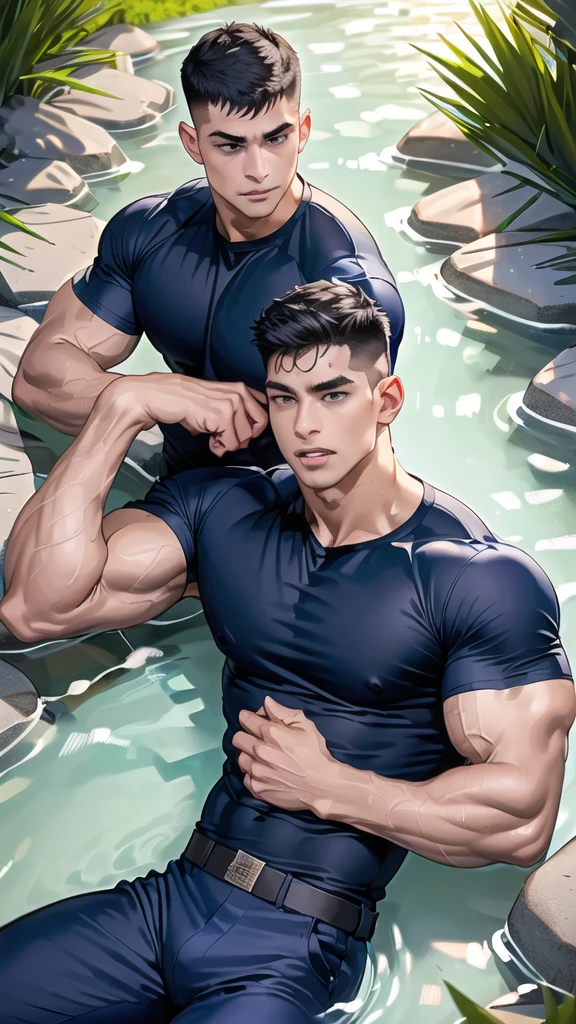 1 man,(lying on the water wall:1.6),(crew cut short hair:1.3),black eye,(Wear a fitted round neck t-shirt in navy with a police badge.:1.3),(fit neck),Navy blue jeans,(black_gloves),
Korean guy,chest muscles,large arm muscles,blood vessel,Big muscles,Broad shoulders,
open mouth,(terror terror:1.5),
middle of the road,(In the desert:1.2),(full_shot:1.6),(In the cave:1.2),(shouting:1.4),