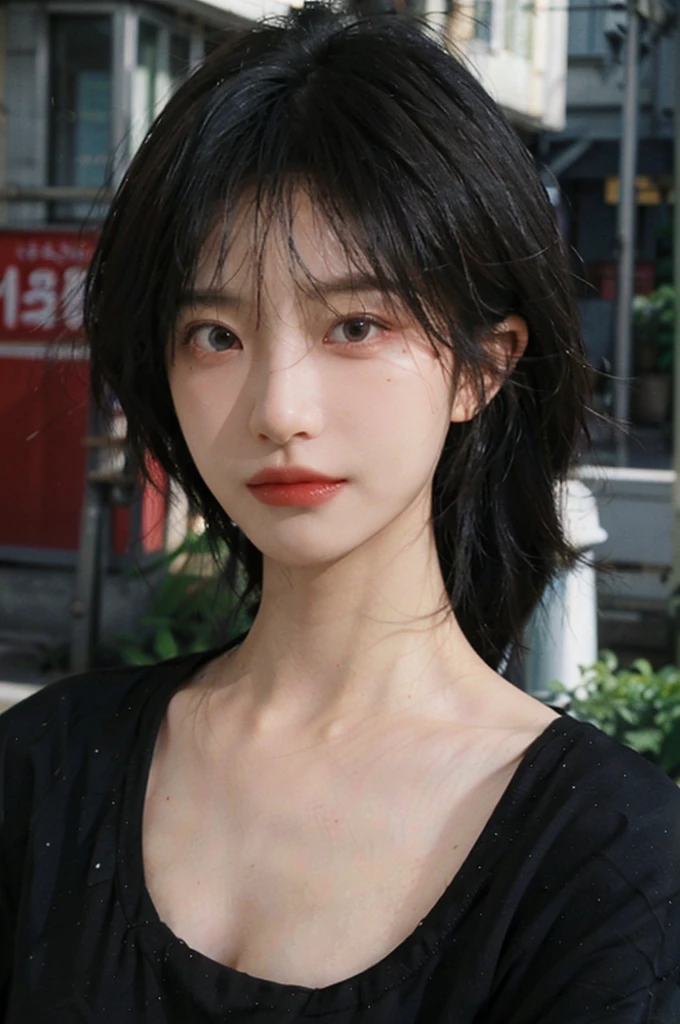 1 girl,short hair,A faint smile,serene, calm,Sportswear,thinking,Moles under the eyes,Exquisite eyes, Delicate face,Lipstick,earrings,Hair details, (Large Breasts:1.0),outdoor,background,城市background,(Skin details:1.4),(Realistic and detailed eyes:1.2), Natural skin texture, Realistic facial details,Close-up of face,Portrait Photography,(Portrait Photography:1.1), (smooth skin textures:1.3), (Highest quality real skin textures:1.4), Direct vision,Soft dramatic lighting, Vivid details, 35 mm film, (Photo Practical:1.4), (hyper Practical:1.4), (Practical:1.3), (Smoother lighting:1.05), (Improve lighting quality:0.9), (Enhance the beauty of skin texture:1.1), Depth of Field, Bokeh, Surrealism, Ray Tracing, ( Surrealism, High Detail, Chiaroscuro, Ray Tracing, reflected light, Ultra HD, Ultra HD, masterpiece, Textured Skin, Super Detail, High Detail, high quality, best quality