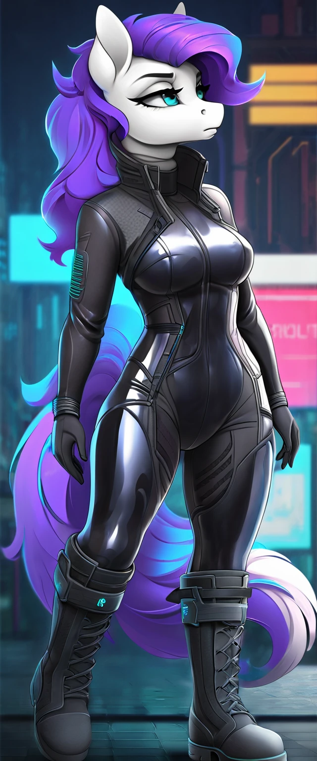 a ((full body)) cartoon picture of an anthropomorphic (((pony:0.9))), cyberpunk style, (((shiny latex cyberpunk neck-entry full bodysuit:1.5))), (((techwear jacket on top:0.9))), (((calf-high boots))), generic MLP style, professional drawing, female anthro pony, medium breasts, frowning, (((semi realistic cream white fur))), (((detailed eyes:1.0))), electric blue colored cyberpunk mane and tail with violet tips.