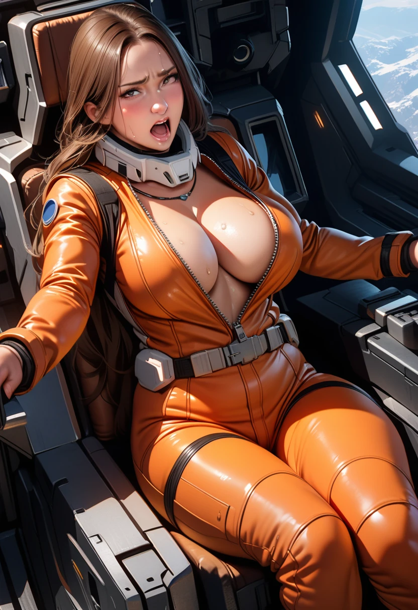 Christina Mackenzie,mature female,perfect hands, perfect finger,perfect anatomy, masterpiece, best quality,realistic, hyperrealistic, 16k hdr, eff pilot,(white flight suit:1.2),gundamwingcockpit,large breasts,sitting,spread legs,brown long hair,open zipper,navel,,no bra,cleavage,necklace,sweat,,(orgasm:1.2),red blush,open mouth,looking at viewer,erected nipples,from above