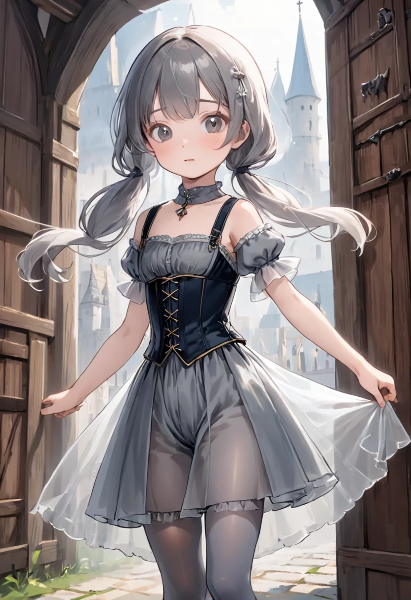 8  medieval girl, underwear姿、Translucent knee-length bloomers（underwear）wear、wear a semi-transparent corset、Translucent slip, Grey translucent tights