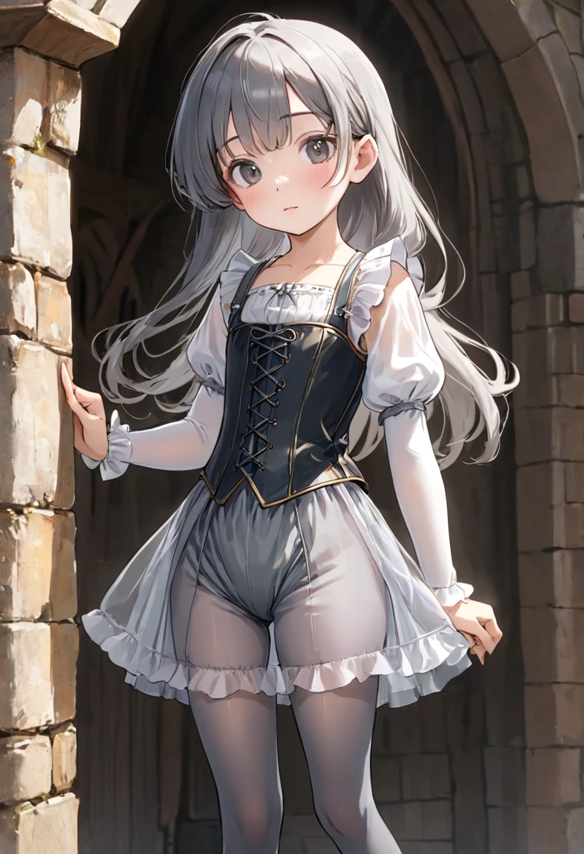 8 year old medieval girl, underwear姿、Translucent knee-length bloomers（underwear）wear、wear a semi-transparent corset、Translucent slip, Grey translucent tights