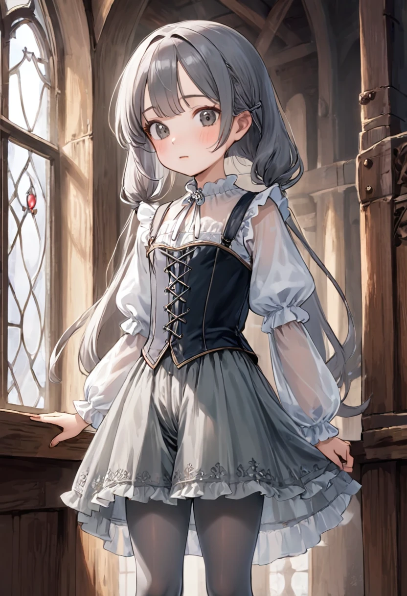 8  medieval girl, underwear姿、Translucent knee-length bloomers（underwear）wear、wear a semi-transparent corset、Translucent slip, Grey translucent tights