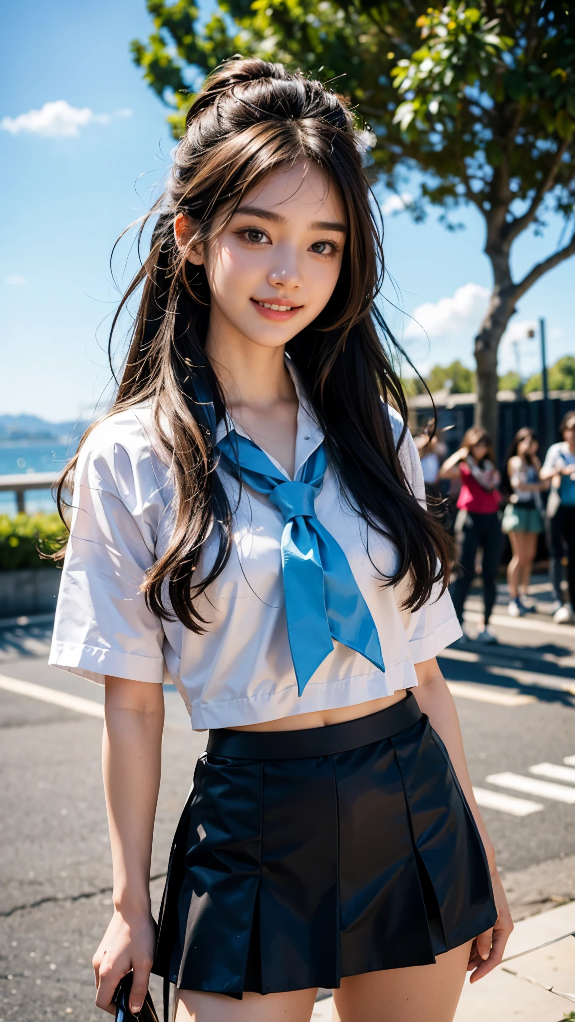 Highest quality, masterpiece, Ultra-high resolution,8K, (Realistic:1.8), (Face-to-face selfie portrait) RAW Photos, 1 Girl,(Full of smiles, Showing teeth)), 22 years old,((Korean Idol Fashion)),((Miniskirt Uniform)),((Jet black long hair chignon)),((Hair blowing in the wind)),((Looking up at the audience)),Face Focus:1.4,((Shooting with a telephoto lens:1.2)),((blue sky)),