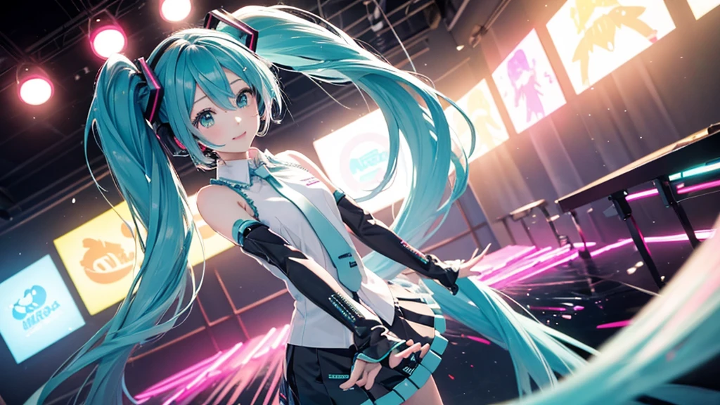 Please upscale Hatsune Miku。This painting depicts an active and colorful dance party scene featuring Hatsune Miku.。Colorful neon lights are shining all around.。