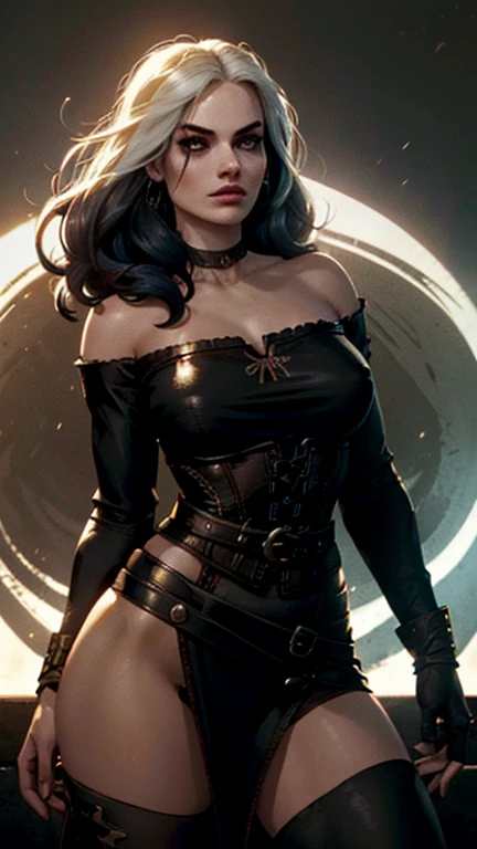 (Margot Robbie face), realistic face, Generate an illustration of a young (Yennefer of Vengerberg), of Witcher 3, correct head to body proportion, hair combed to sides, layered haircut, de terno preto, black long hair flows to her back, hair flows straight down, black hair, Ultrarealistic Bright Violet eyes, both eyes are similar, (big round poking breasts), low-cut deep cleavage, Ultrarealistic juicy round butt, Ultrarealistic detailed hips, thick thighs, black Corset outfit in anime format with a serious style, ((black strapless dress)), Ruby black velvet choker, grey tights, black boots, gothic make up, masterpiece, ((dark lighting)), black background, puffy lips,slendered toned abs, beautiful face