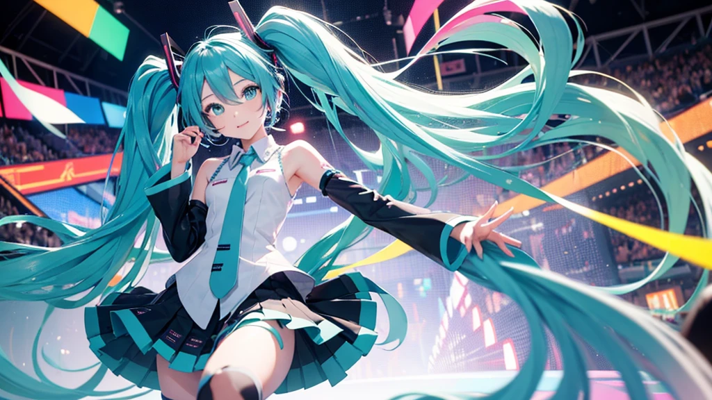 Please upscale Hatsune Miku。This painting depicts an active and colorful dance party scene featuring Hatsune Miku.。Colorful neon lights are shining all around.。