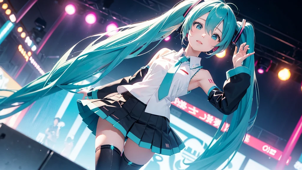 Please upscale Hatsune Miku。This painting depicts an active and colorful dance party scene featuring Hatsune Miku.。Colorful neon lights are shining all around.。