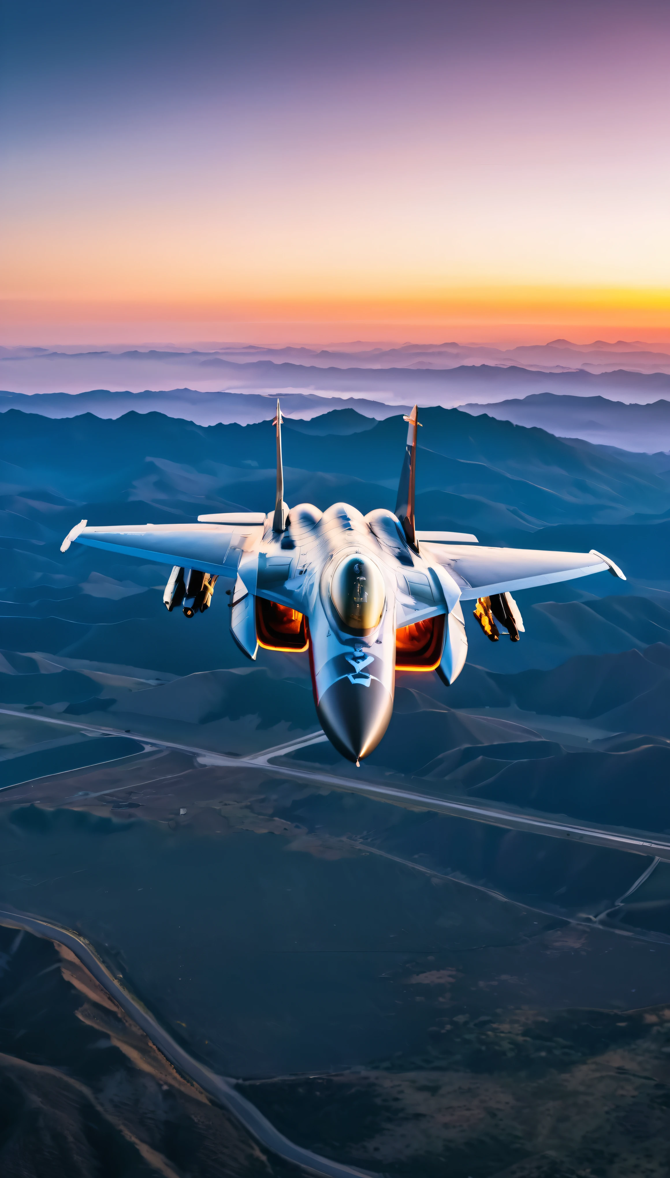 wide shot photo of Modern Fighter Jet, RAW, ((Fighter Jet):1.3), ((Majestic Decal):1.1), ((Tyndall Effect):1.2), ((Aerial view of the land beneath):1.5), ((Sunrise illuminate twilight sky)1.4), ((Dark twilight sky):1.2), (finely detailed airplane), (detailed airplane), (flying into sunrise) (warm colors), breeze, breeze, reflection, (masterpiece), (perfect aspect ratio), (realistic photo), (best quality), (detailed) photographed on a Canon EOS R5, 50mm lens, F/2.8, HDR, (8k) (wallpaper) (cinematic lighting) (dramatic lighting) (sharp focus) (intricate). With a focus on high quality and accuracy, this award-winning portrayal captures every nuance in stunning 16k resolution, immersing viewers in its depiction. Avoid extreme angles to maintain realism. ((perfect_composition, perfect_design, perfect_layout, perfect_detail, ultra_detailed)), ((enhance_all, fix_everything)), More Detail, Enhance.