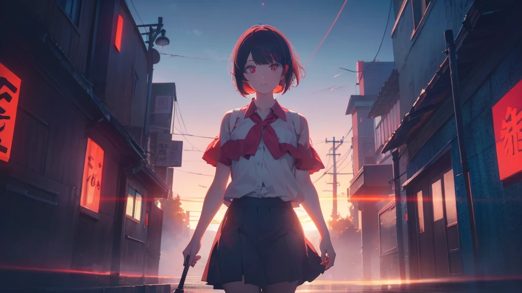 girl with short bob hair,Red eyes ,A shining heaven,Walking in heaven
