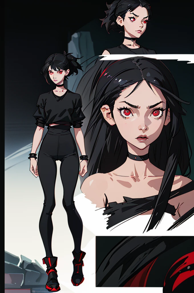 (full body) (same character front, back, side view) (model sheet), beautiful red eyes, anime woman, perfect anatomy, delicate face, short black hair, skin very white, black nails, black lips, wearing black leggins, small black t-shirt, black choker with spikes, black bracelets