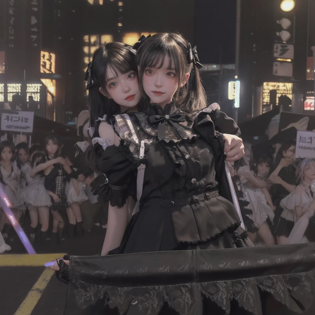 8K resolution, surreal, Super detailed, high quality, perfect anatomy, jammed, (5 girls)++, group shot, grin, smiling, Phenomenally cute, perfect proportion, full body, (((shiny black satin, high neck, jirai fashion, short dress with many frills, Lace, micro mini skirt, bow ribbon)))+, (((bleached hair)))+, ((large breasts)), ((crowded with girls)), ((incoming hug)), ((At the middle of most crowded Shibuya Scramble Crossing at late night:1.2)), ((see-through black thighhighs))+, looking at viewer, angle from below