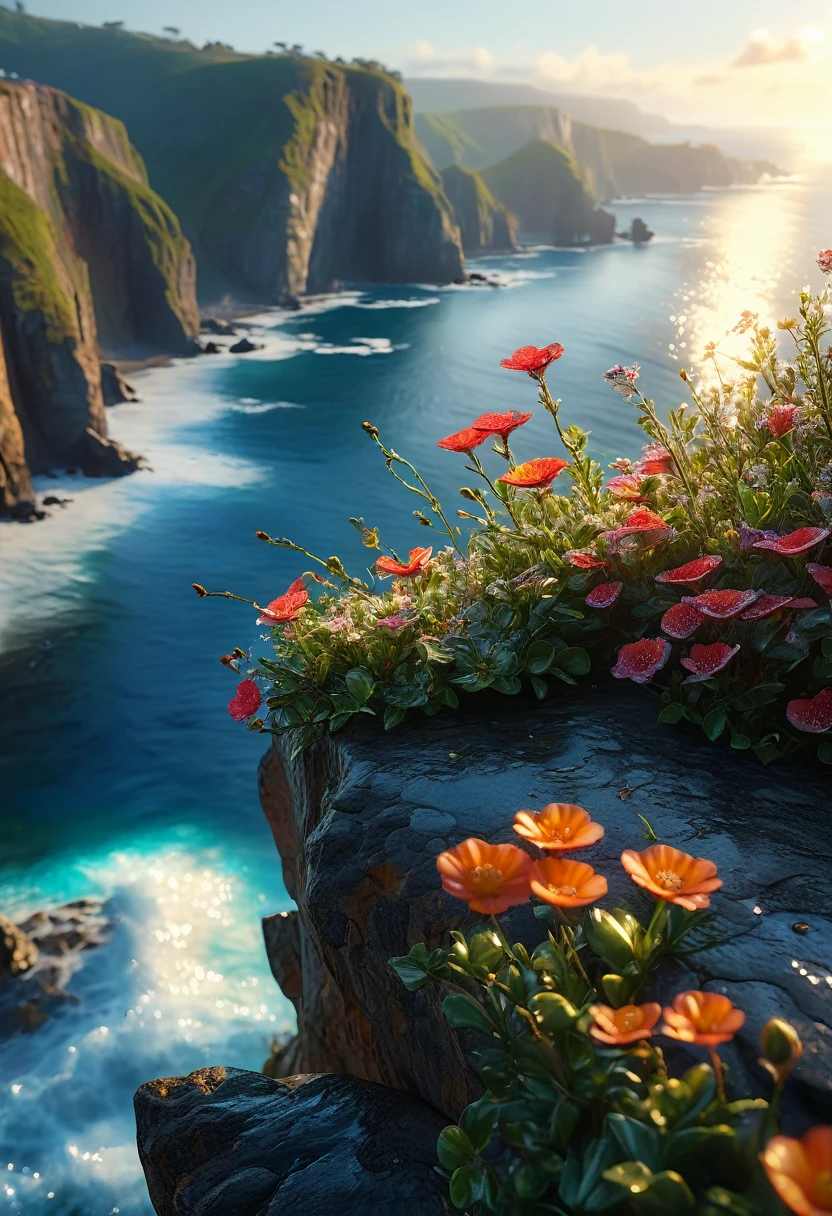 a stunning landscape of a cliff overlooking the ocean, early morning sunlight glistening on the dewdrops of the flowers, dramatic lighting, hyper-realistic, intricate details, high resolution, natural lighting, cinematic, photorealistic, (best quality,4k,8k,highres,masterpiece:1.2),ultra-detailed,(realistic,photorealistic,photo-realistic:1.37),HDR,UHD,studio lighting,ultra-fine painting,sharp focus,physically-based rendering,extreme detail description,professional,vivid colors,bokeh
