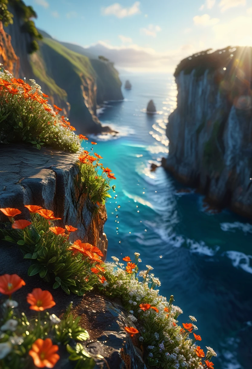 a stunning landscape of a cliff overlooking the ocean, early morning sunlight glistening on the dewdrops of the flowers, dramatic lighting, hyper-realistic, intricate details, high resolution, natural lighting, cinematic, photorealistic, (best quality,4k,8k,highres,masterpiece:1.2),ultra-detailed,(realistic,photorealistic,photo-realistic:1.37),HDR,UHD,studio lighting,ultra-fine painting,sharp focus,physically-based rendering,extreme detail description,professional,vivid colors,bokeh
