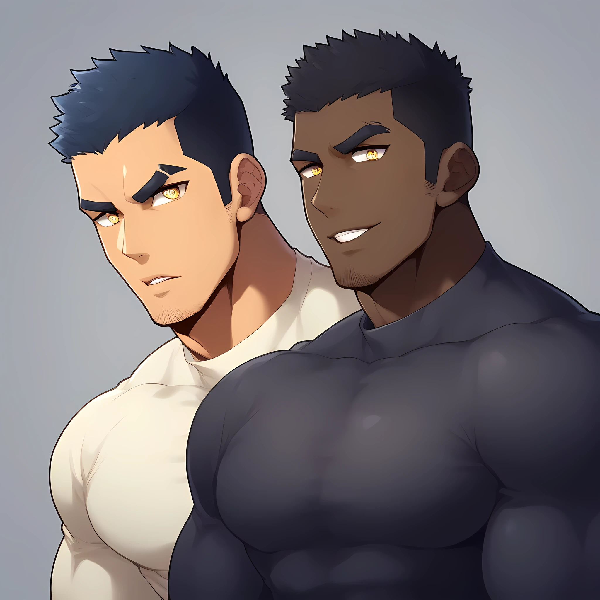anime characters:Gyee, Muscle Sports Student, negro black skin, 1 dark skin muscular tough guy, Manliness, male focus, Light yellow high collar long sleeve tight T-shirt, Slightly transparent material, Very tight, Round, full and perky chest muscles, Slightly transparent, muscular male, muscular, only, Upper body, alone, Black short hair, Thick eyebrows, stubble, Yellow eyes, Grey background, simple background, amazing quality, best aesthetics, Ridiculous, bright pupils, crew cut, parted lips, seductive smile, torogao, naughty face, drop shadow, best quality