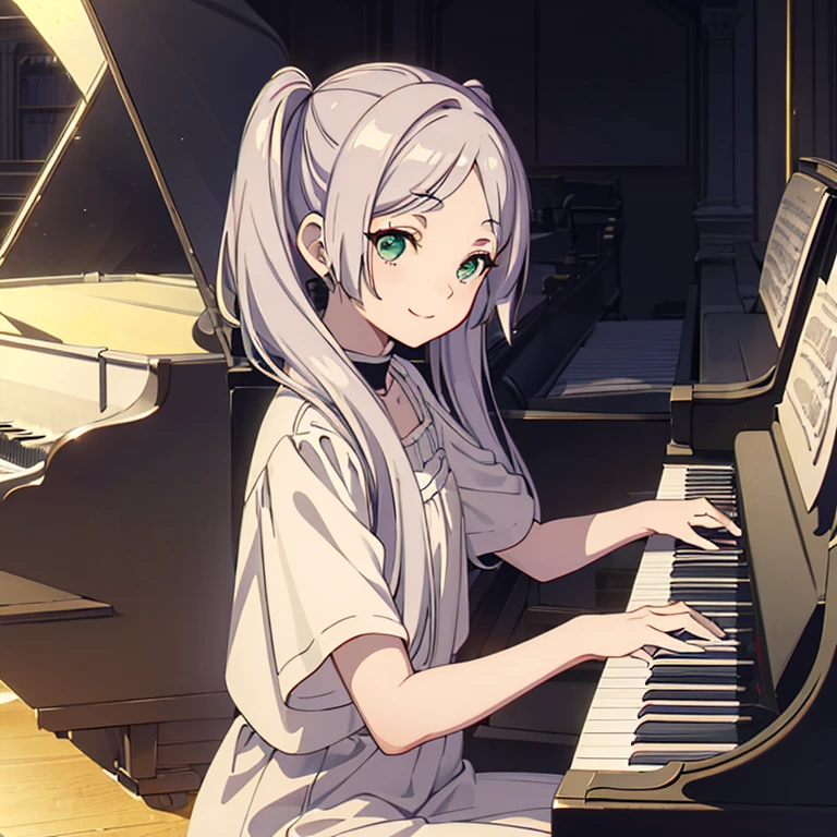masterpiece、(((1 person)))、Piano performance、Delicate eyes、Inoue Check、Long Hair、Silver Hair、Twin tails、Green Eyes、smile、Upper Body、Blue clothes、(((play piano)))、Piano on the right、Play dynamically、masterpiece、(((Play piano)))